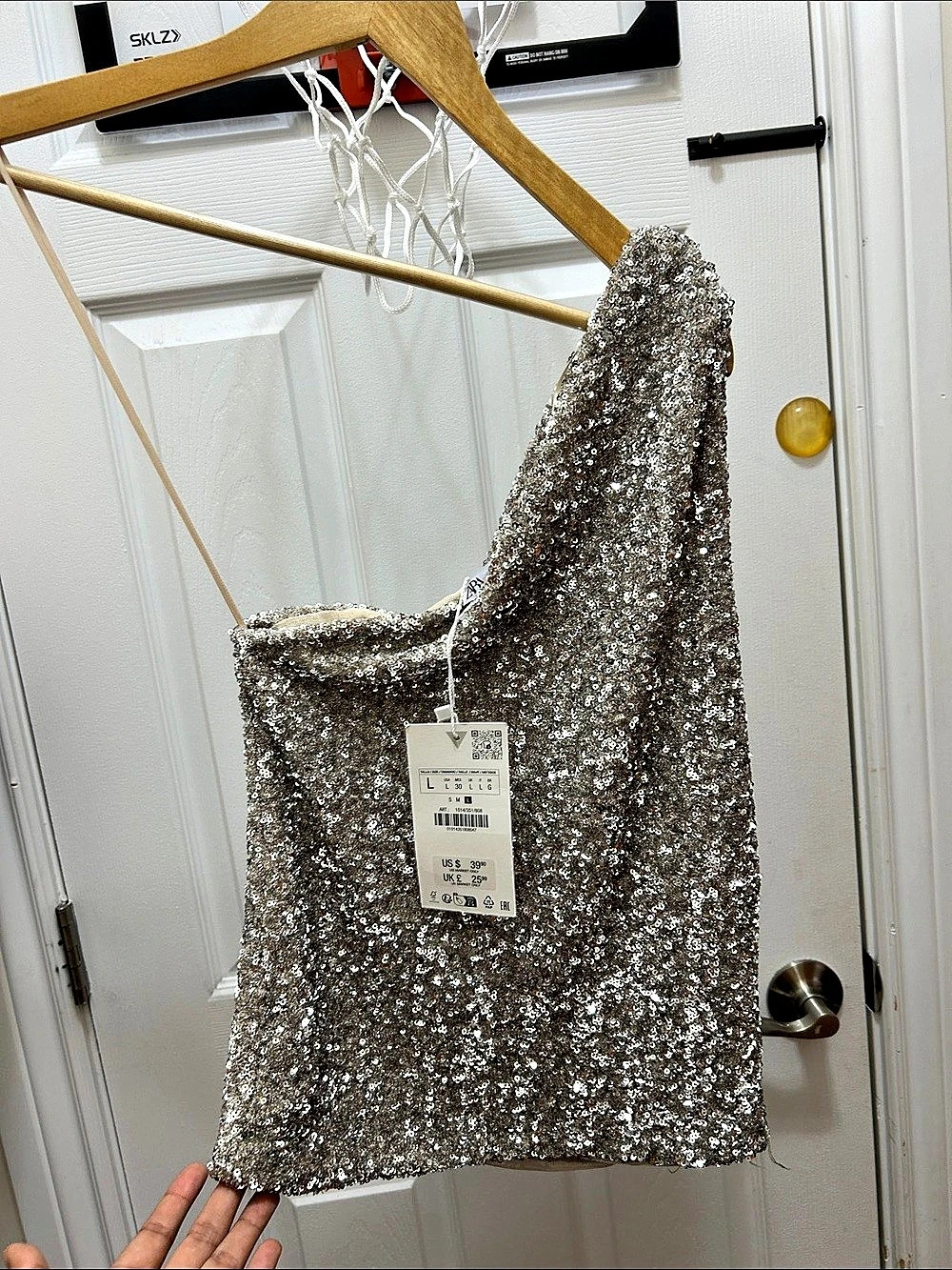 Zara Sequin One-Shoulder Top Silver Size Small